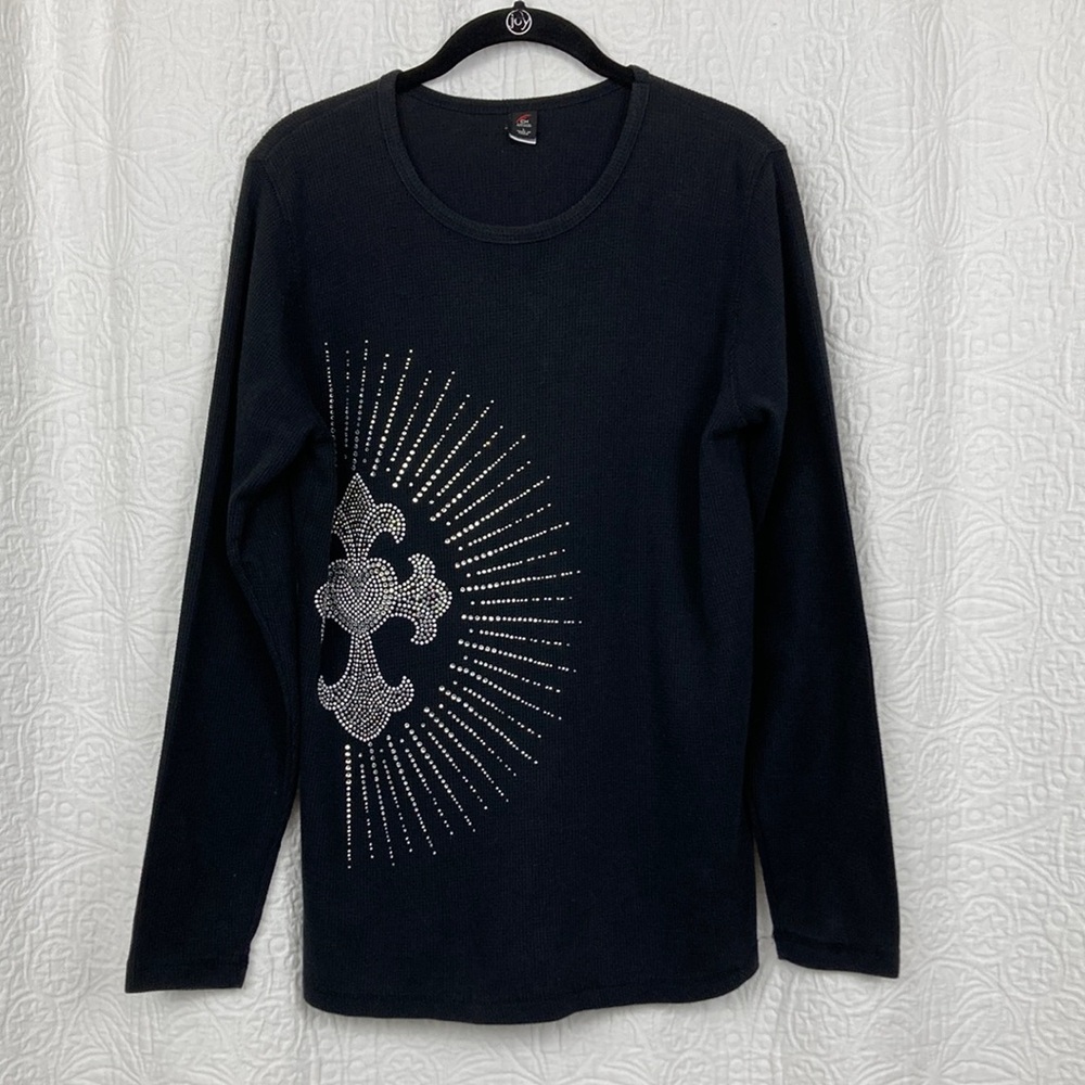 CH Apparel Black Long Sleeve Thermal Top & Silver Crystal Embellishment sz Large